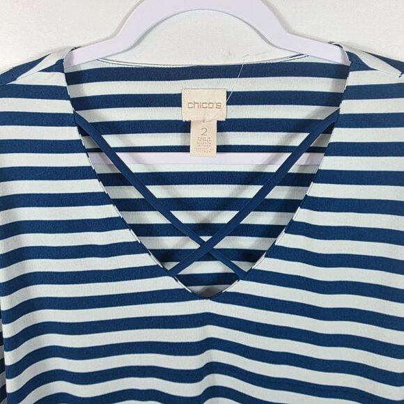Chico's Size 2 Striped Caged Knit Top Women's Size Large Blue & White Stripe - Picture 5 of 13